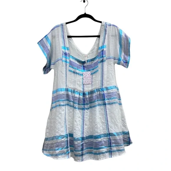 free people barcelona mini dress Free People Barcelona Metallic Shimmer Plaid Stripe Mini Dress XS NWT